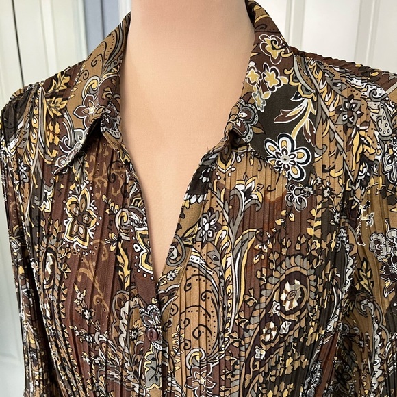 Vtg New York City Design Co Brown Floral Paisley Crinkle Retro Button Up Blouse - Picture 2 of 8